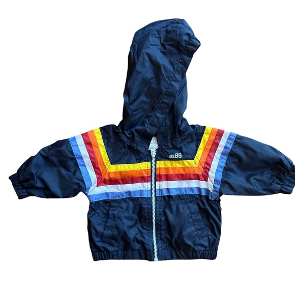 The Children's Place Infant Navy Windbreaker Sz 0-6 Mth Rainbow Hooded Lined Zip - Picture 1 of 6